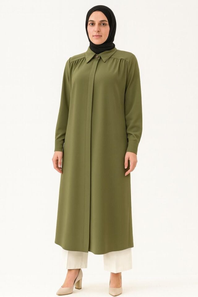 2098 GÖMLEK YAKA ÖNDEN GİZLİ DÜĞMELİ GÖĞÜSTEN ROBA DETAYLI GÖMLEK TUNİK #05-25#