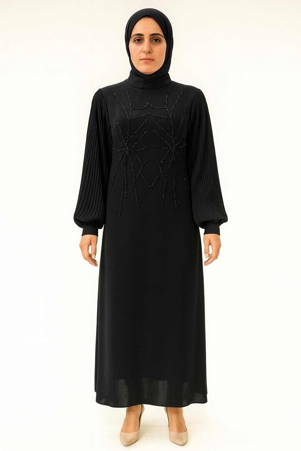 5052 ÖN KISMI GÖĞÜSTEN BELE KADAR TAŞLI BALON KOL KOLLARI ŞİFON PİLİSELİ KOL UCU MANŞETLİ DÜZ KESİM ŞIK ABİYE #07-25#