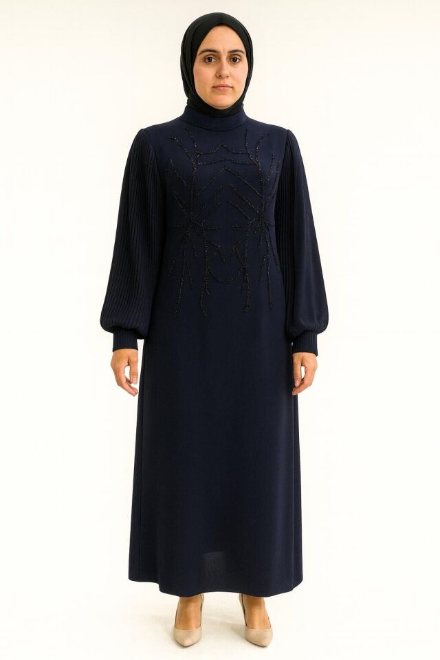 5052 ÖN KISMI GÖĞÜSTEN BELE KADAR TAŞLI BALON KOL KOLLARI ŞİFON PİLİSELİ KOL UCU MANŞETLİ DÜZ KESİM ŞIK ABİYE #07-25#