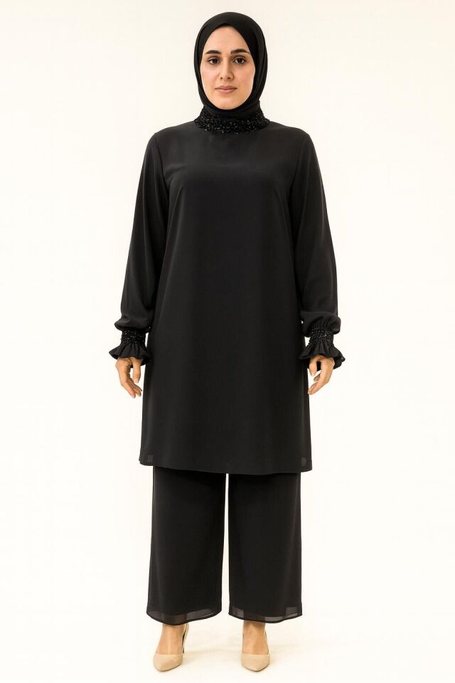 5061 TUNİĞİN YAKASI VE KOL UÇLARI BONCUK İŞLEMELİ KOL UCU VE YAKASI TÜL İŞLEMELİ TÜL KUMAŞLI PANTOLONUN BELİ LASTİKLİ ŞIK İKİLİ TAKIM #07-25#