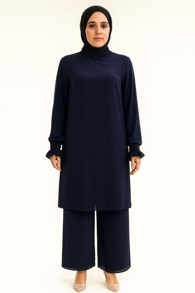 5061 TUNİĞİN YAKASI VE KOL UÇLARI BONCUK İŞLEMELİ KOL UCU VE YAKASI TÜL İŞLEMELİ TÜL KUMAŞLI PANTOLONUN BELİ LASTİKLİ ŞIK İKİLİ TAKIM #07-25#