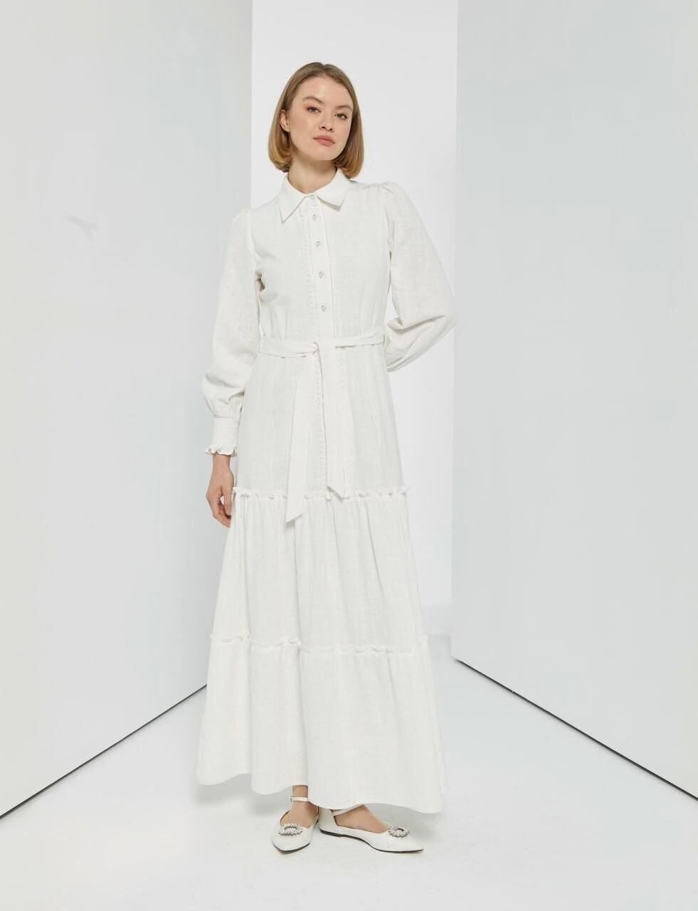 63089 ÖNÜ İNCİ DÜĞMELİ GÖMLEK YAKA KOL UCU LASTİKLİ ALT KISIM FIRFIR DETAYLI KETEN ELBİSE #04-25#