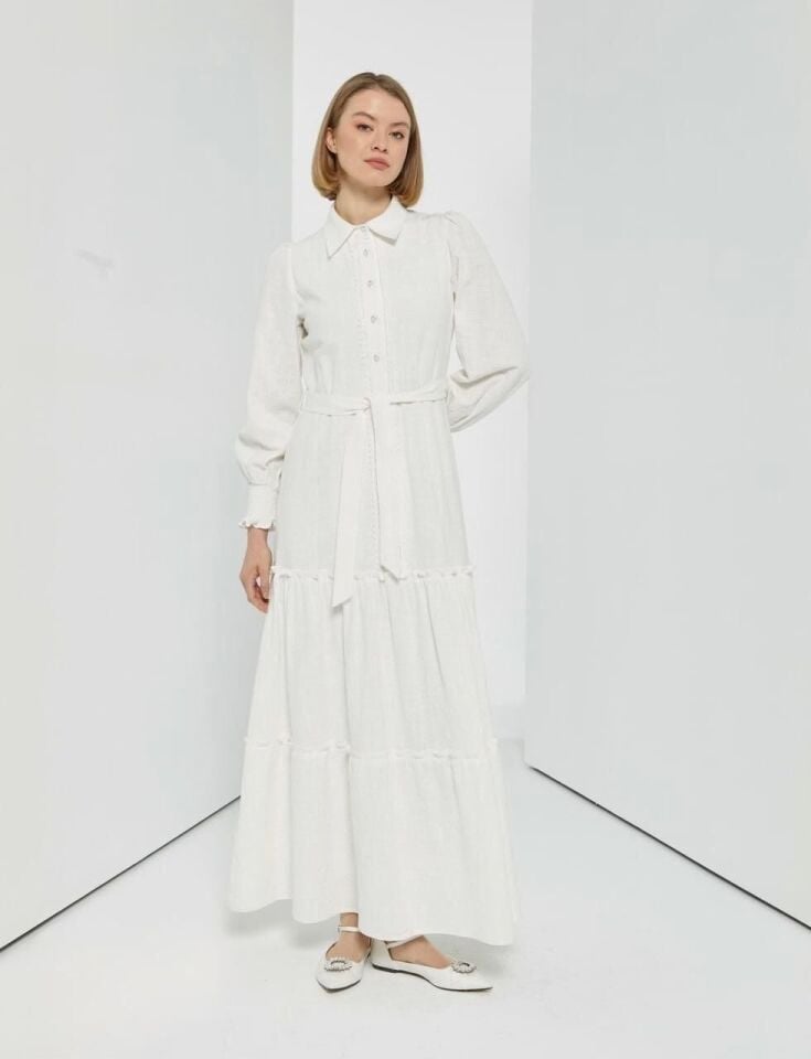 63089 ÖNÜ İNCİ DÜĞMELİ GÖMLEK YAKA KOL UCU LASTİKLİ ALT KISIM FIRFIR DETAYLI KETEN ELBİSE #04-25#