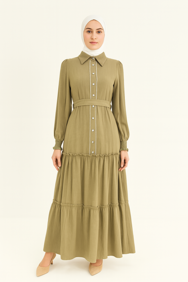 63089 ÖNÜ İNCİ DÜĞMELİ GÖMLEK YAKA KOL UCU LASTİKLİ ALT KISIM FIRFIR DETAYLI KETEN ELBİSE #04-25#