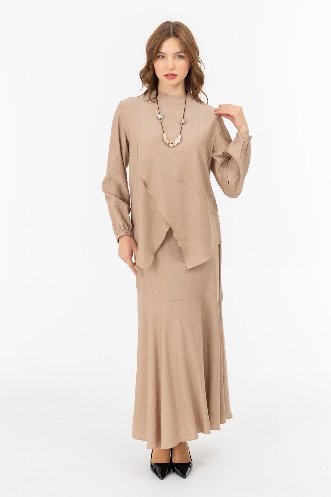 2062 KOL UCU LASTİKLİ ALT KISMI ASİMETRİK KESİM GÜNLÜK TUNİK #07-25#