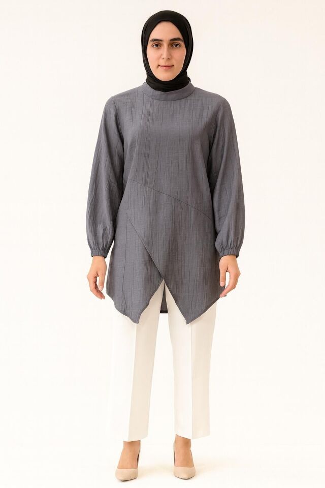 2062 KOL UCU LASTİKLİ ALT KISMI ASİMETRİK KESİM GÜNLÜK TUNİK #07-25#