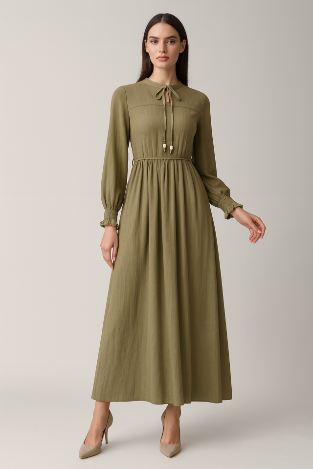 63098 YAKASI İP DETAYLI SIRTI FERMUARLI KOL UCU LASTİKLİ KETEN ELBİSE #04-25#