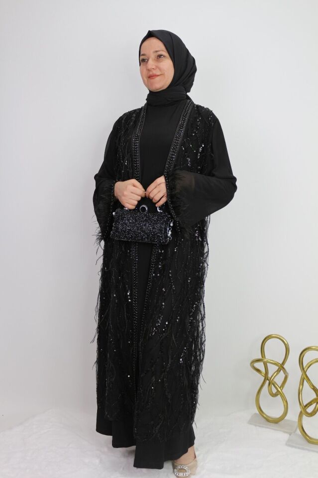 42907 İÇ ELBİSESİ SANDY KUMAŞ DIŞ KENARLARI BONCUK DETAY KOLLARI DÜZ KOL UCU BONCUK DETAYLI İKİLİ ABAYA 1 - SİYAH