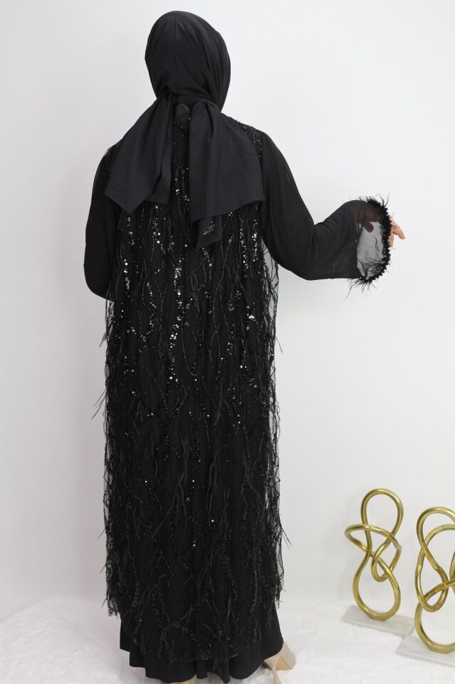 42907 İÇ ELBİSESİ SANDY KUMAŞ DIŞ KENARLARI BONCUK DETAY KOLLARI DÜZ KOL UCU BONCUK DETAYLI İKİLİ ABAYA 1 - SİYAH