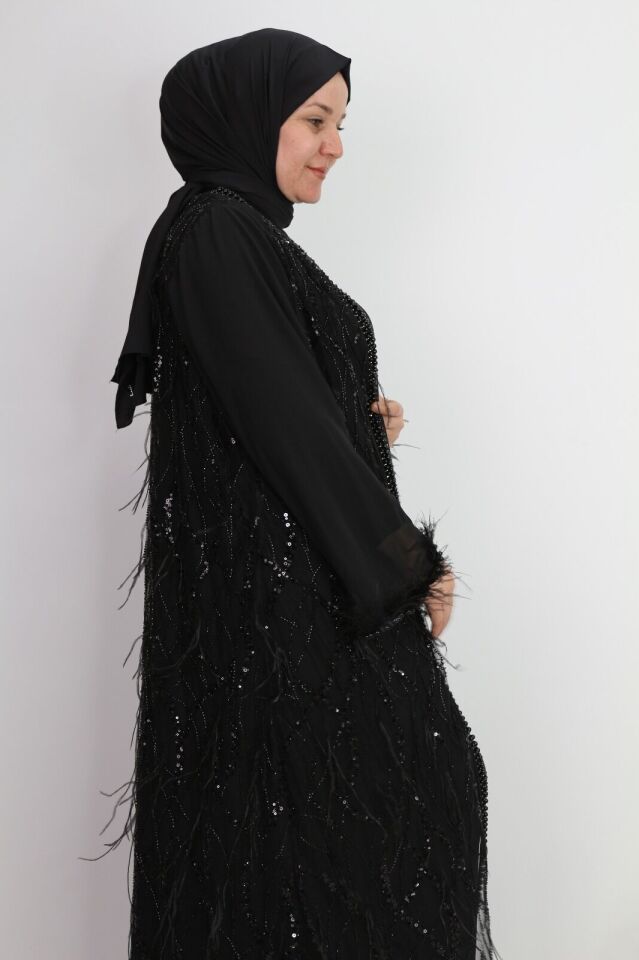 42907 İÇ ELBİSESİ SANDY KUMAŞ DIŞ KENARLARI BONCUK DETAY KOLLARI DÜZ KOL UCU BONCUK DETAYLI İKİLİ ABAYA 2 - SİYAH
