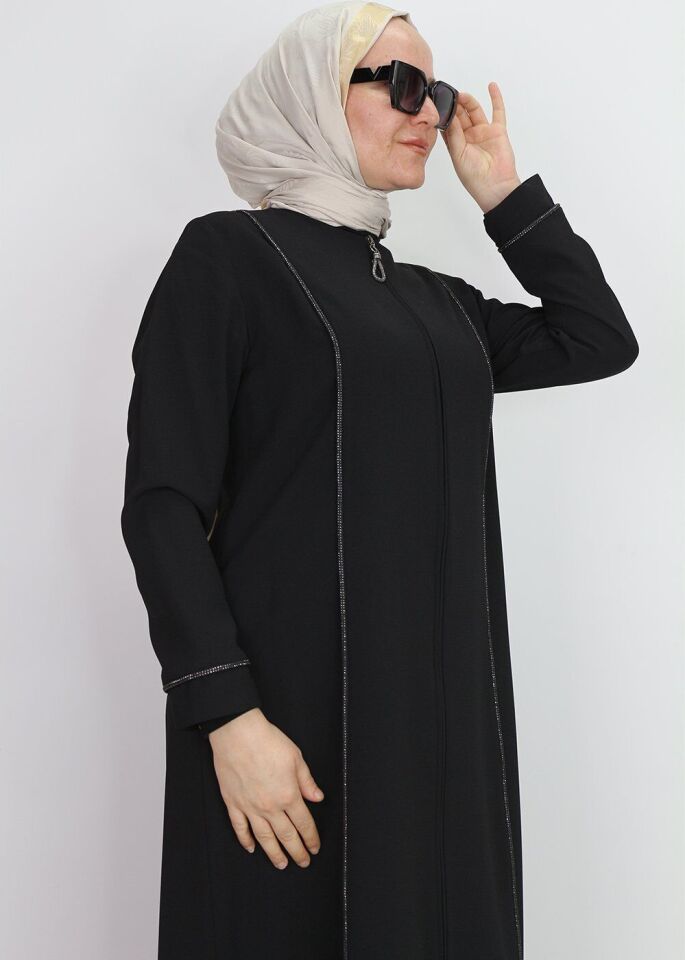 5040 FERACE ÖNDEN FERMUARLI ÖNÜ VE YANLARI TAŞ İŞLEMELİ ÖZEN GÜN FERACE QYS FERACE #24-053 50 - SİYAH