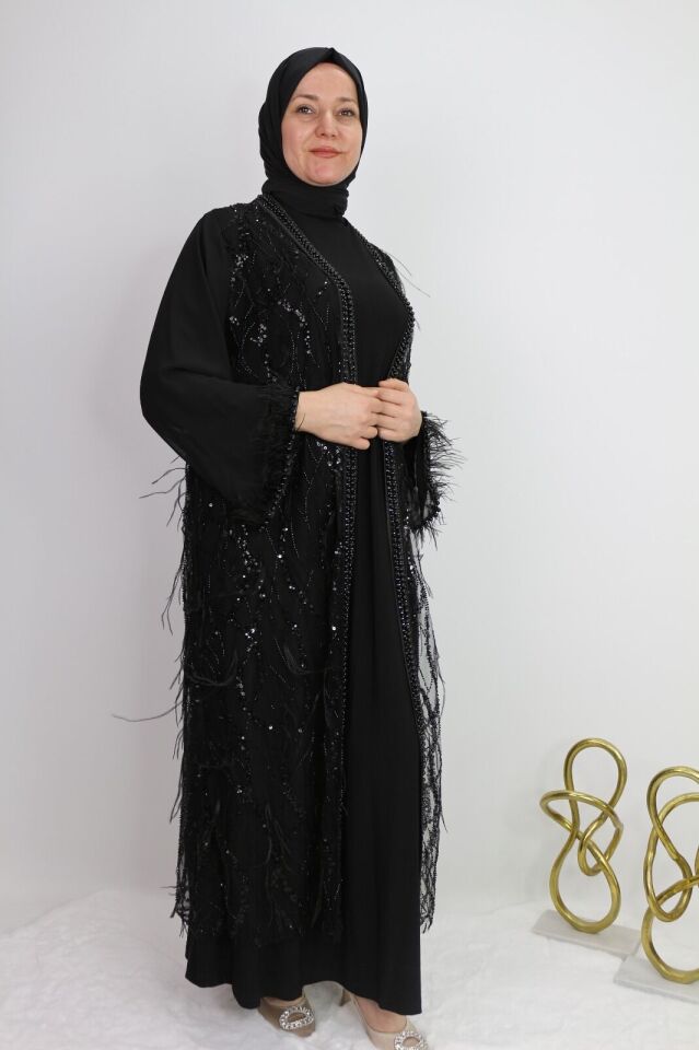 42907 İÇ ELBİSESİ SANDY KUMAŞ DIŞ KENARLARI BONCUK DETAY KOLLARI DÜZ KOL UCU BONCUK DETAYLI İKİLİ ABAYA 3 - SİYAH