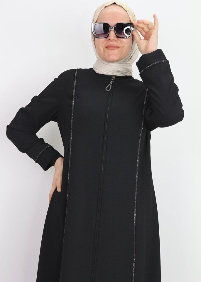 5040 FERACE ÖNDEN FERMUARLI ÖNÜ VE YANLARI TAŞ İŞLEMELİ ÖZEN GÜN FERACE QYS FERACE #24-053 52 - SİYAH