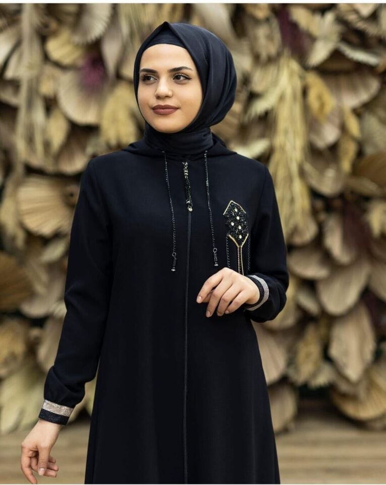 5127GÖĞSÜ TAŞ İŞLEMELİ YAKASI ZİNCİR DETAYLI KOLLARI TİBANALI FERMUARLI KAP QYS KAP  #22-09#