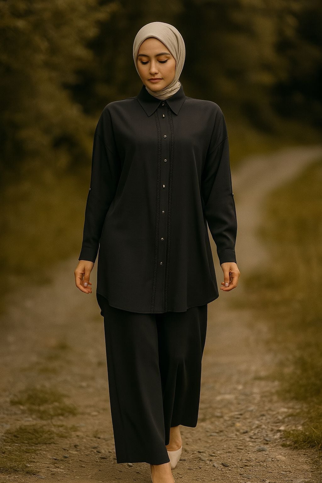 56066 ÖNÜ DÜĞMELİ GÜPÜR DETAYLI KOL UCU MANŞETLİ GÖMLEK YAKA BELİ YARIM LASTİKLİ ÇİFT DÜĞMELİ İKİLİ TAKIM #06-25#