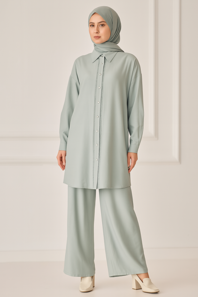 56066 ÖNÜ DÜĞMELİ GÜPÜR DETAYLI KOL UCU MANŞETLİ GÖMLEK YAKA BELİ YARIM LASTİKLİ ÇİFT DÜĞMELİ İKİLİ TAKIM #06-25#