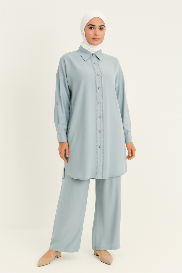 56066 ÖNÜ DÜĞMELİ GÜPÜR DETAYLI KOL UCU MANŞETLİ GÖMLEK YAKA BELİ YARIM LASTİKLİ ÇİFT DÜĞMELİ İKİLİ TAKIM #06-25#