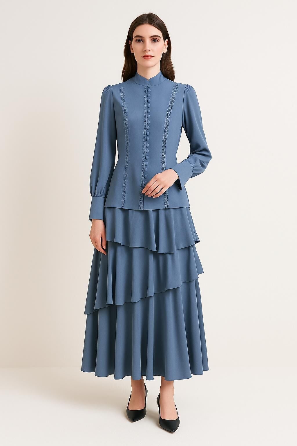 100810 ETEKLİ TAKIM ÜST HAKİM ÖNÜ ŞERİT DANTELLİ KOL UCU VE FERMUARLI KETEĞİ KATLI BELİ FERMUARLI