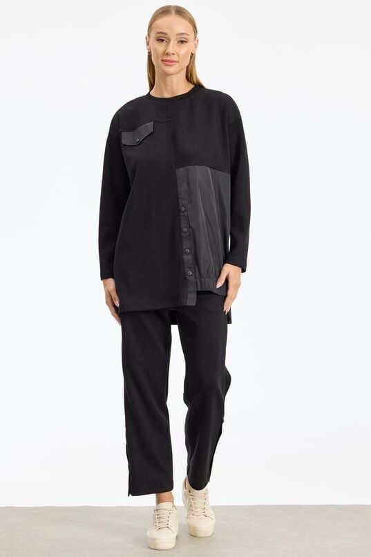 1956.01 ASİMETRİK KESİMLİ TEKNİK KUMAŞ KOMBİNLİ TAKIM QKS