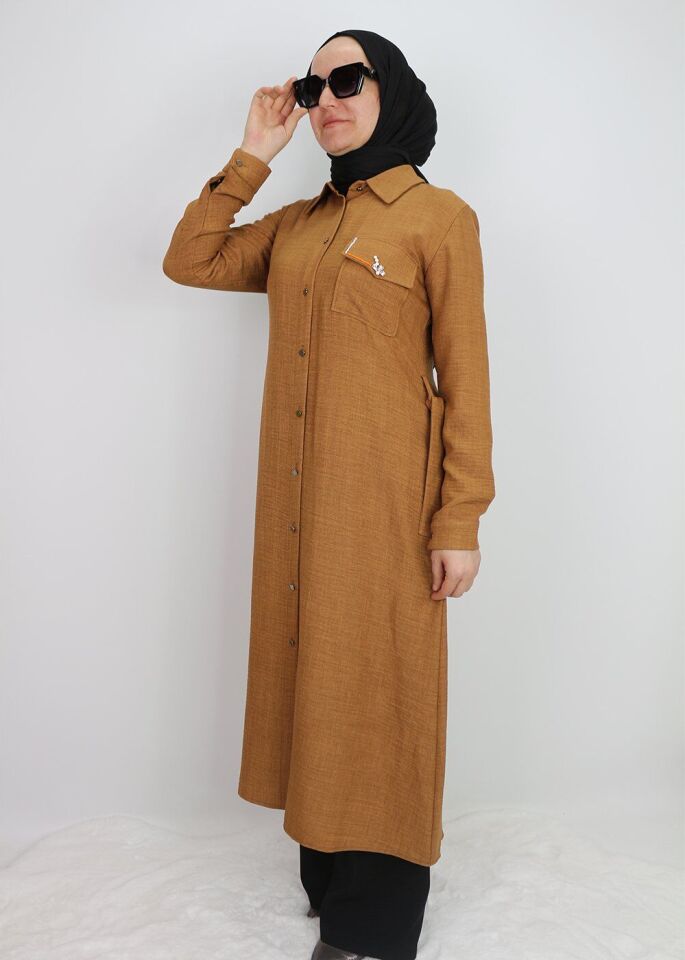 1633 TUNİK ÖNDEN DÜĞMELİ BELİ BAĞLAMALI CEBİ TAŞLI TUNİK QYS TUNİK #247-03# 40 - TABA