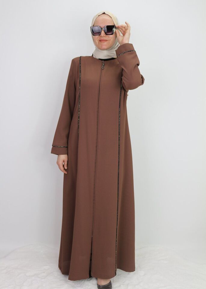 5040 FERACE ÖNDEN FERMUARLI ÖNÜ VE YANLARI TAŞ İŞLEMELİ ÖZEN GÜN FERACE QYS FERACE #24-053 52 - Kahverengi