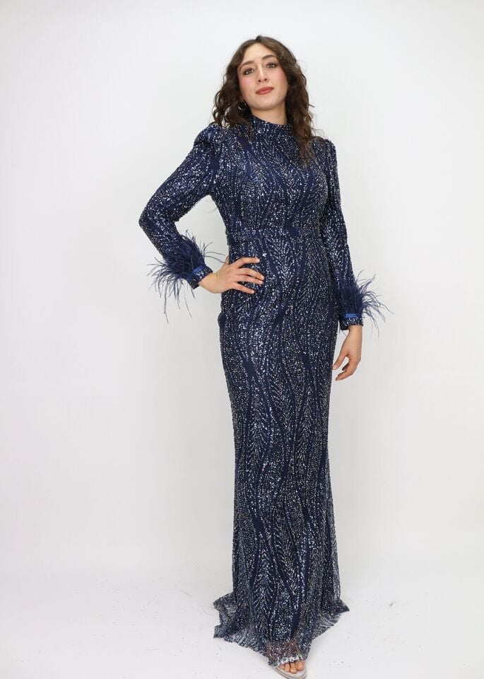 4466 ABİYE ELİBSE ÖNÜ VE ARKASI BOYDAN BONCUK İŞLEMELİ KOL UÇLARI TÜYLÜ TASARIM ABİYE ELBİSE #24-010