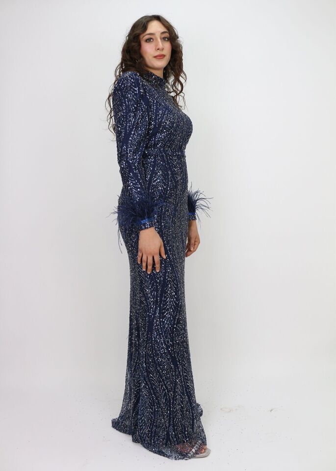 4466 ABİYE ELİBSE ÖNÜ VE ARKASI BOYDAN BONCUK İŞLEMELİ KOL UÇLARI TÜYLÜ TASARIM ABİYE ELBİSE #24-010