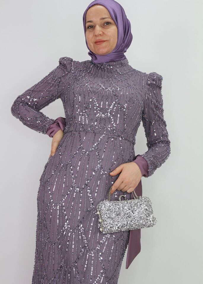 4453 ABİYE ELİBSE ÖNÜ VE ARKASI BOYDAN BONCUK İŞLEMELİ KOL UÇLARI KURDALE TASARIM ABİYE ELBİSE #24-010