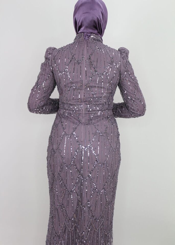 4453 ABİYE ELİBSE ÖNÜ VE ARKASI BOYDAN BONCUK İŞLEMELİ KOL UÇLARI KURDALE TASARIM ABİYE ELBİSE #24-010