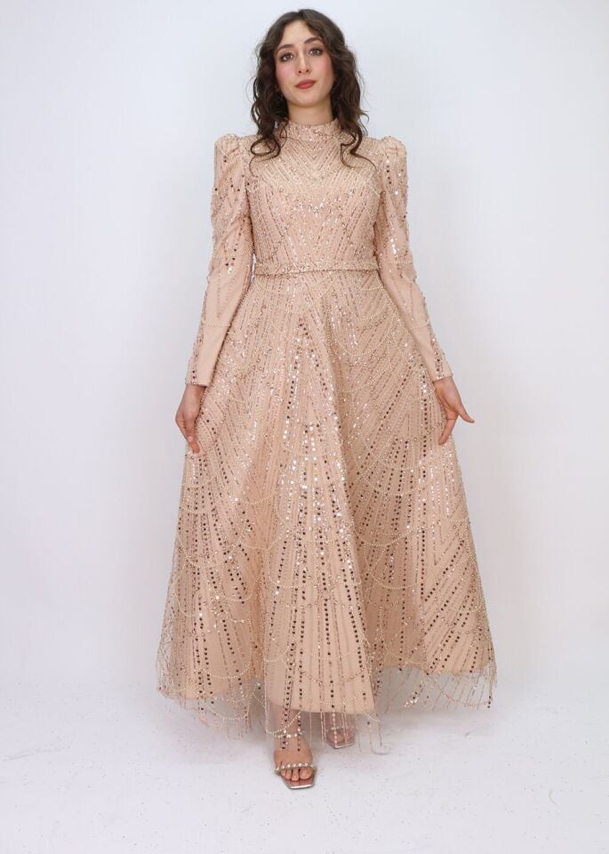 4471 ABİYE ELBİSE ÖNÜ VE ARKASI BOYDAN BONCUK İŞLEMELİ KOL UÇLARI KURDELELİ TASARIM ABİYE ELBİSE #24-010