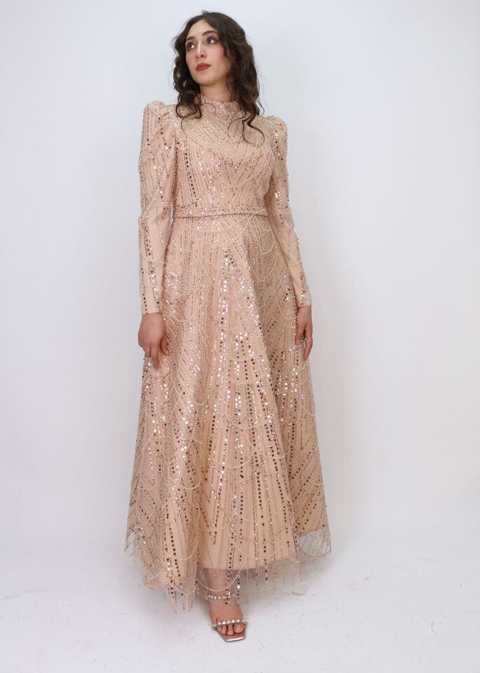 4471 ABİYE ELBİSE ÖNÜ VE ARKASI BOYDAN BONCUK İŞLEMELİ KOL UÇLARI KURDELELİ TASARIM ABİYE ELBİSE #24-010