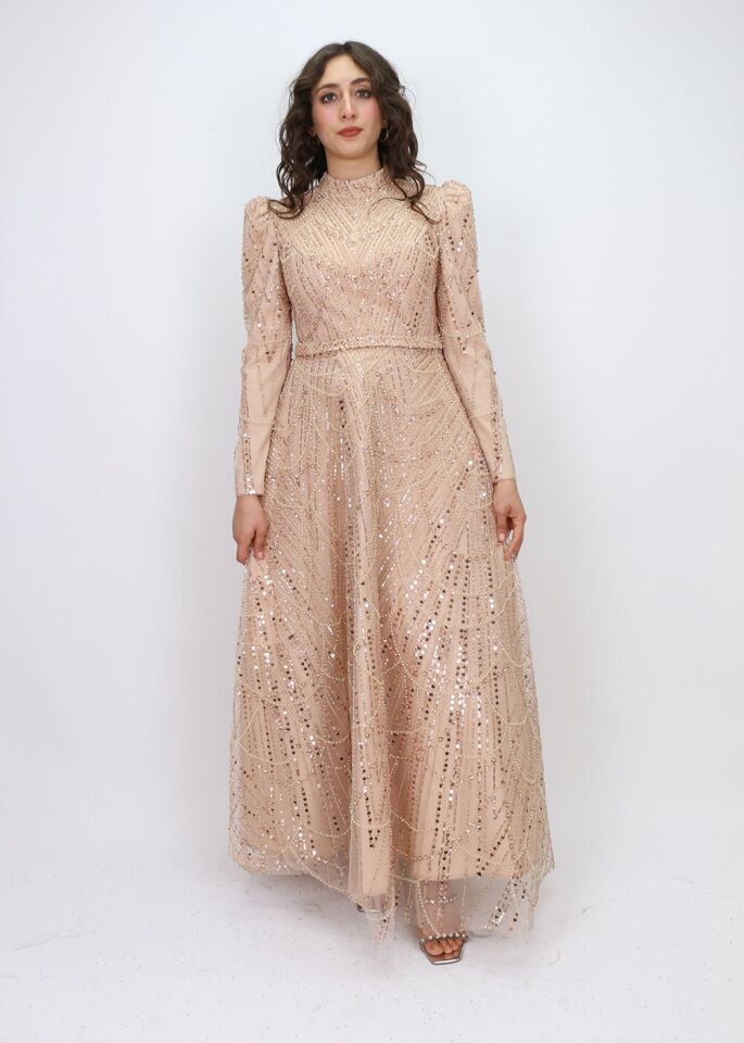 4471 ABİYE ELBİSE ÖNÜ VE ARKASI BOYDAN BONCUK İŞLEMELİ KOL UÇLARI KURDELELİ TASARIM ABİYE ELBİSE #24-010