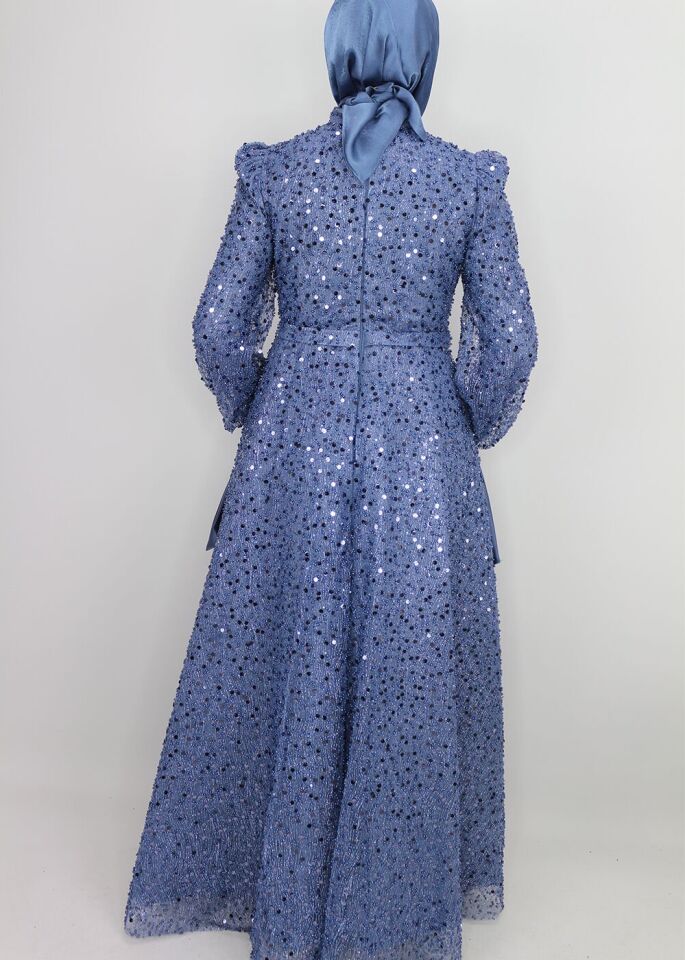 4457 ABİYE ELBİSE ÖNÜ VE ARKASI BOYDAN BONCUK İŞLEMELİ KOL UÇLARI KURDALE MİDİ BOY TASARIM ABİYE ELBİSE #24-010