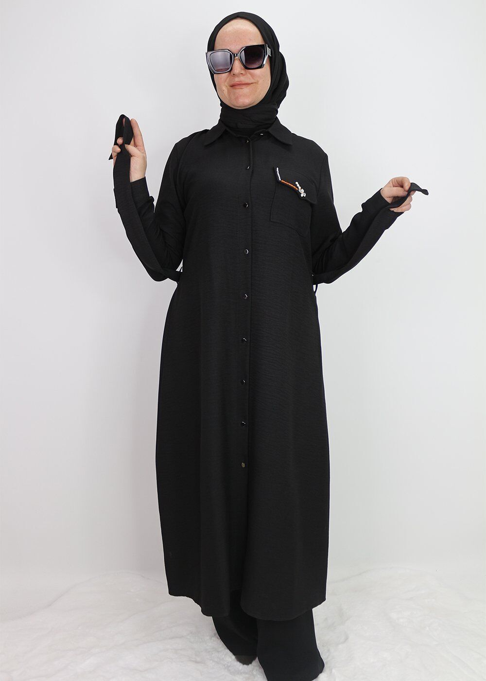1633 TUNİK ÖNDEN DÜĞMELİ BELİ BAĞLAMALI CEBİ TAŞLI TUNİK QYS TUNİK #247-03# 38 - SİYAH
