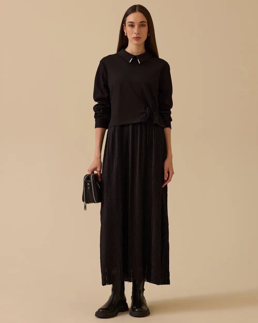 1025 BEL BAĞCIKLI ÇİFT KUMAŞLI ELBİSE 10002521311025 #11-25#