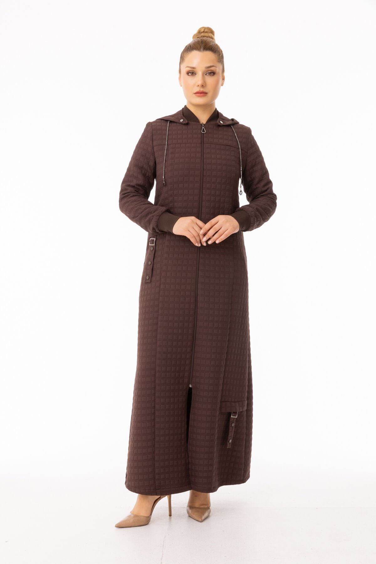 5589 BOYDAN FERMUARLI KOL UCU VE YAKASI TRİKO LASTİK DETAYLI KAPİŞONLUYENİ KUTU DESEN  KAPİTONE FERACE#26#