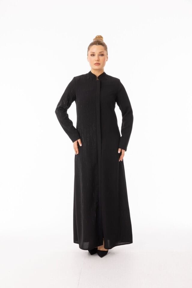 5603 ÖNDEN GİZLİ DÜĞMELİ FERMUARLI OMZU VE ÖN KISMI DAMLA DESENV TAŞ DETAYLI KREP FERACE#26#