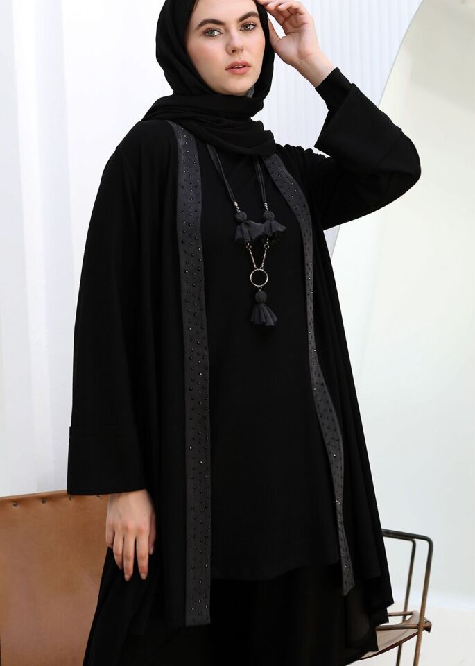 43824 İÇİ UZUN KOLLU HIRKASI SATEN VE TAŞ DETAYLI KOLLARI KATLI İKİ İPLİK 2Lİ TAKIM 3 - SİYAH