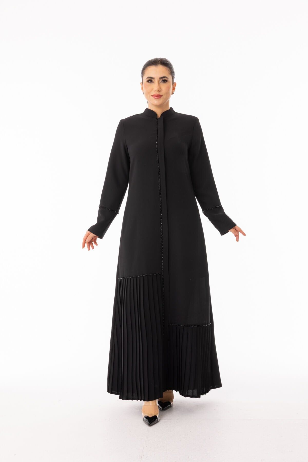 5608 ALT KISIM PLİSE DETAYLI ÖNÜ VE KOL UCU TAŞ DETAYLI ARABİYELİ  KREP FERACE#26#