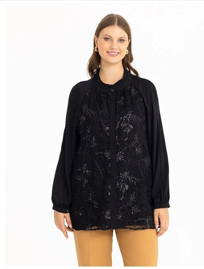 BÜYÜK BEDEN DANTEL DETAYLII GÖMLEK TUNİK QKS 221201001 ŞIK GÖMLEK TUNİK #22-09#