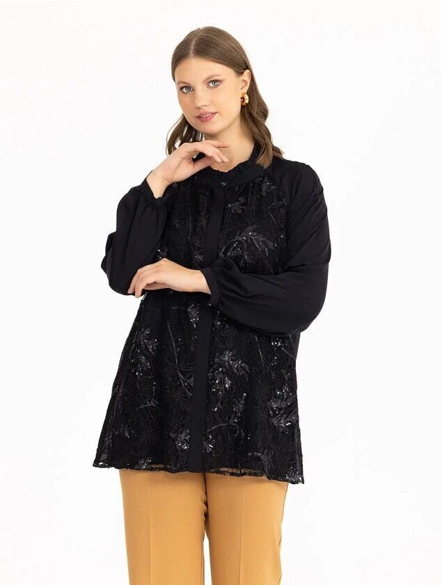 BÜYÜK BEDEN DANTEL DETAYLII GÖMLEK TUNİK QKS 221201001 ŞIK GÖMLEK TUNİK #22-09#