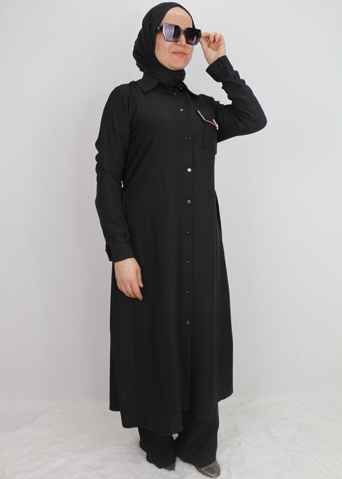 1633 TUNİK ÖNDEN DÜĞMELİ BELİ BAĞLAMALI CEBİ TAŞLI TUNİK QYS TUNİK #247-03# 52 - SİYAH