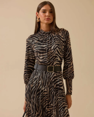 10016 DEGAJE YAKA ESNEK KUMAŞ BELİ LASTİKLİ ELBİSE 10002521310016 #12-25#