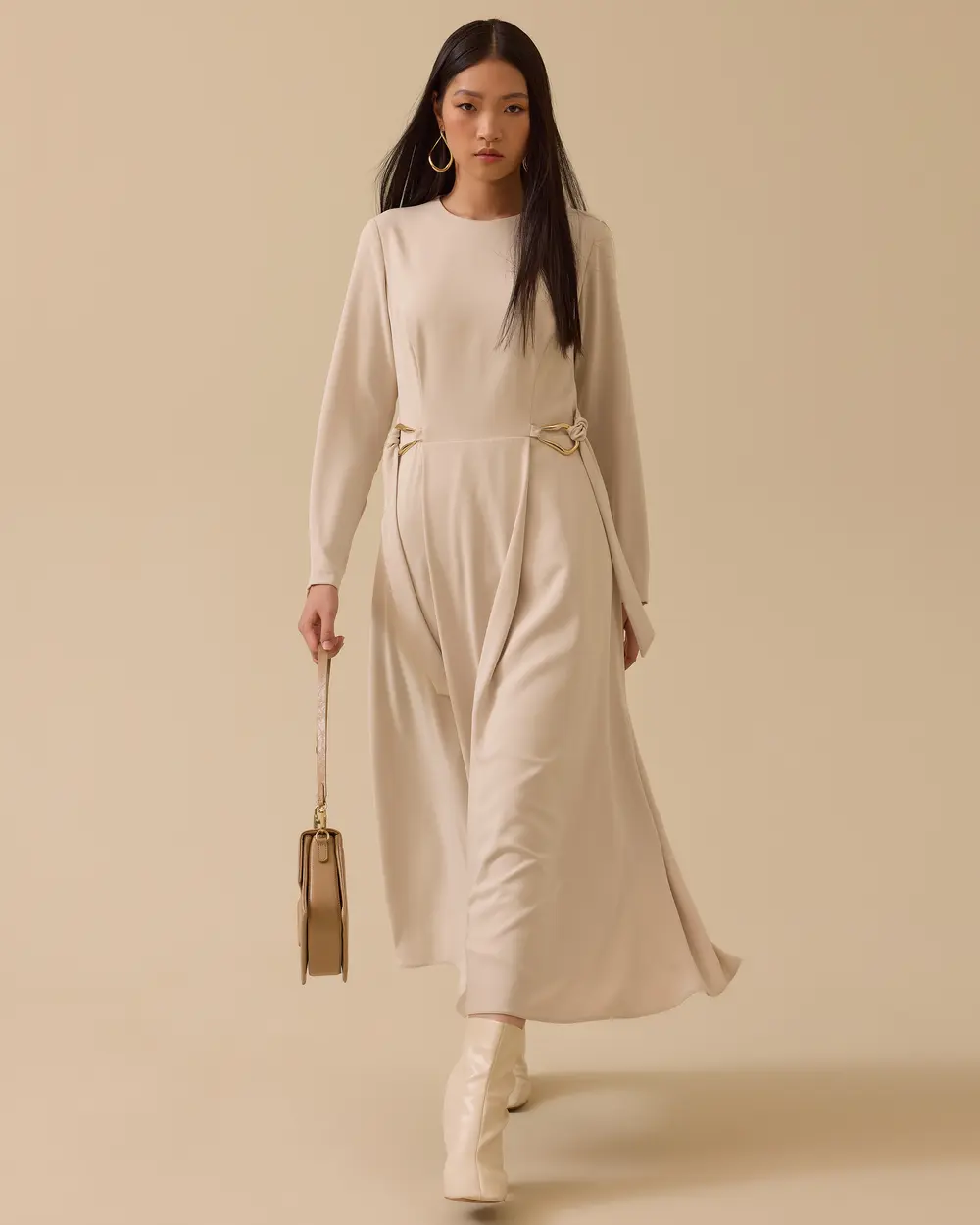 1004 BELDEN BÜZGÜ DETAYLI ARKASI FERMUARLI KREP ELBİSE 10002521311004 #12-25#