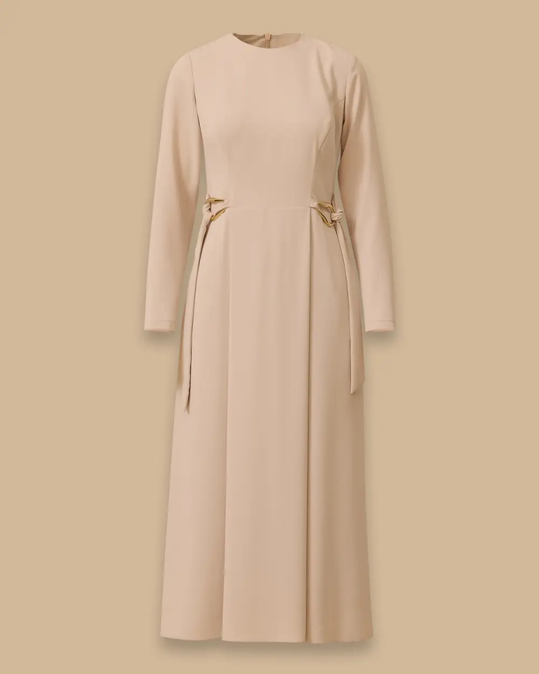 1004 BELDEN BÜZGÜ DETAYLI ARKASI FERMUARLI KREP ELBİSE 10002521311004 #12-25#