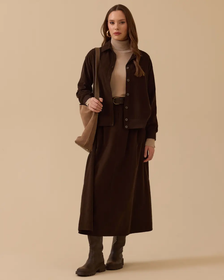 1028 ÖNDEN DÜĞMELİ ETEK UCU VE KOL UCU LASTİKLİ KADİFE GÖMLEK 10002521111028 #12-25#