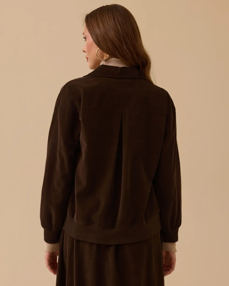 1028 ÖNDEN DÜĞMELİ ETEK UCU VE KOL UCU LASTİKLİ KADİFE GÖMLEK 10002521111028 #12-25#