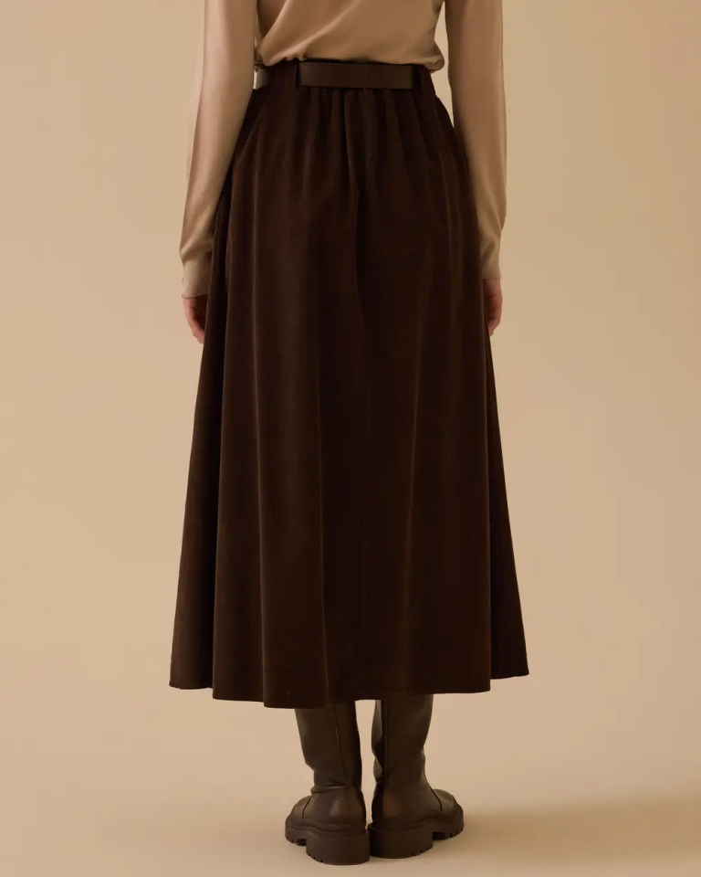 1020 BELİ KEMERLİ LASTİKLİ ÖNÜ PİLE DETAYLI KADİFE ETEK 10002521611020 #12-25#