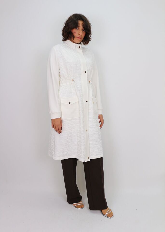 1204 ÖNÜ ÇIT ÇIT VE FERMUAR DETAYLI BELİ LASTİK DETAY HAKİM YAKA KAPİTONE UZUN KAP QKS #24-10#