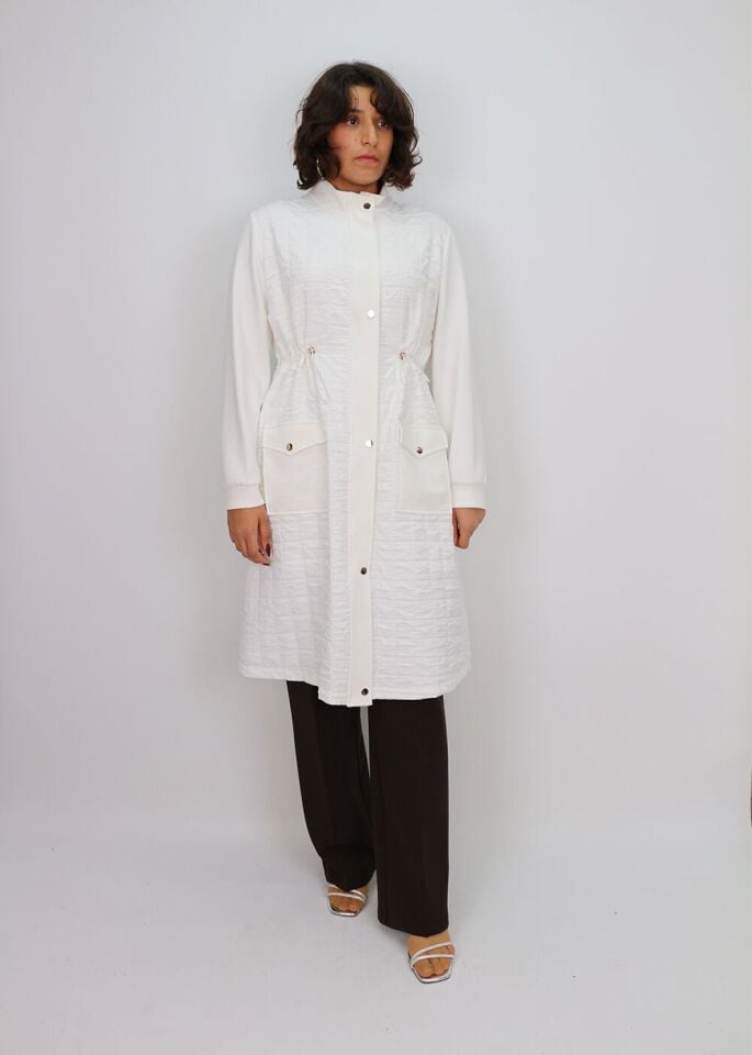 1204 ÖNÜ ÇIT ÇIT VE FERMUAR DETAYLI BELİ LASTİK DETAY HAKİM YAKA KAPİTONE UZUN KAP QKS #24-10#